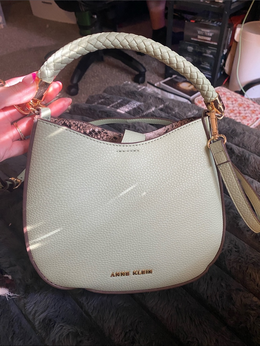 Anne Klein Pale Mint Braided-Handle Shoulder Bag with Gold Hardware